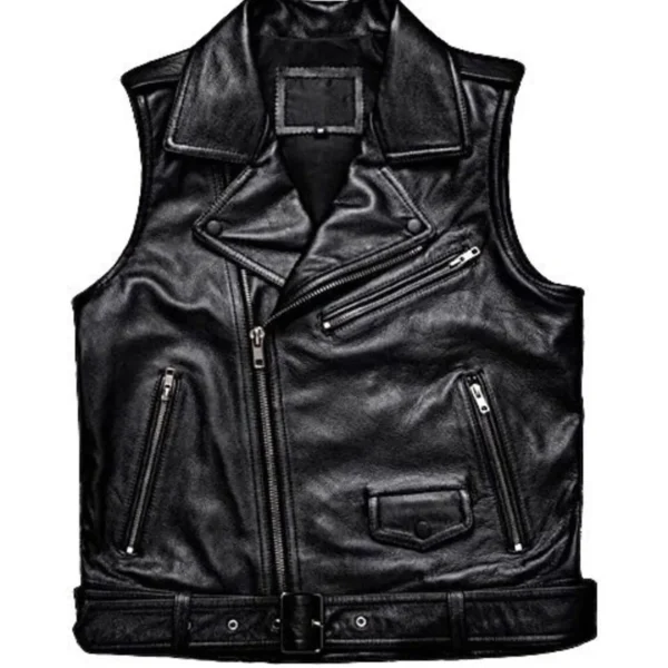 Menâ€™s Black Biker Genuine Cowhide V-Neck Cafe Racer Vest Multi Pockets Motorcycle Sporty Racer Leather Waistcoat