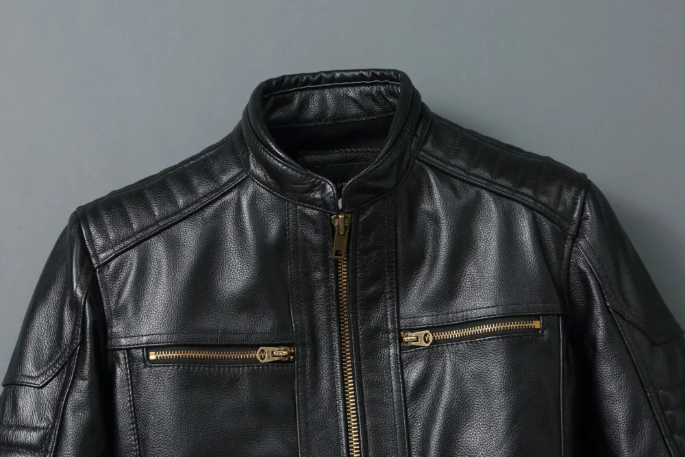 Premium Black Biker Jacket: Classic Men's Genuine Cowhide Leather - Image 4