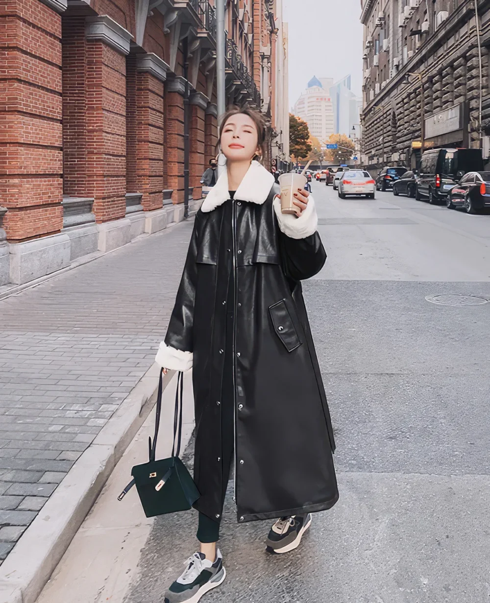 Womenâ€™s Black Genuine Sheepskin Sherpa Shearling Faux Fur Korean Fashion Winter Warm Leather Knee Length Long Coat - Image 2