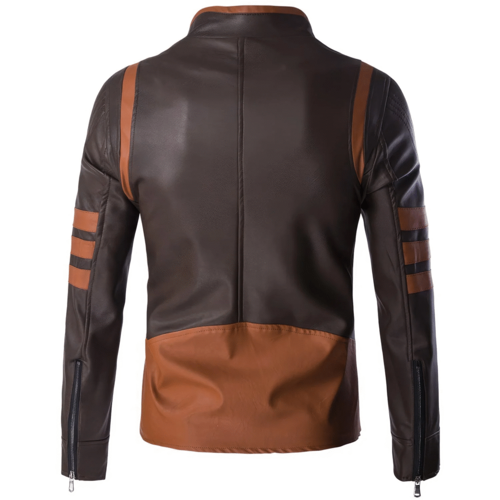 Menâ€™s Brown Genuine Sheepskin Stand Collar Tan Strips Zip-Up Retro Casual Slim Fit High Street Smooth CafÃ© Racer Leather Jacket - Image 2