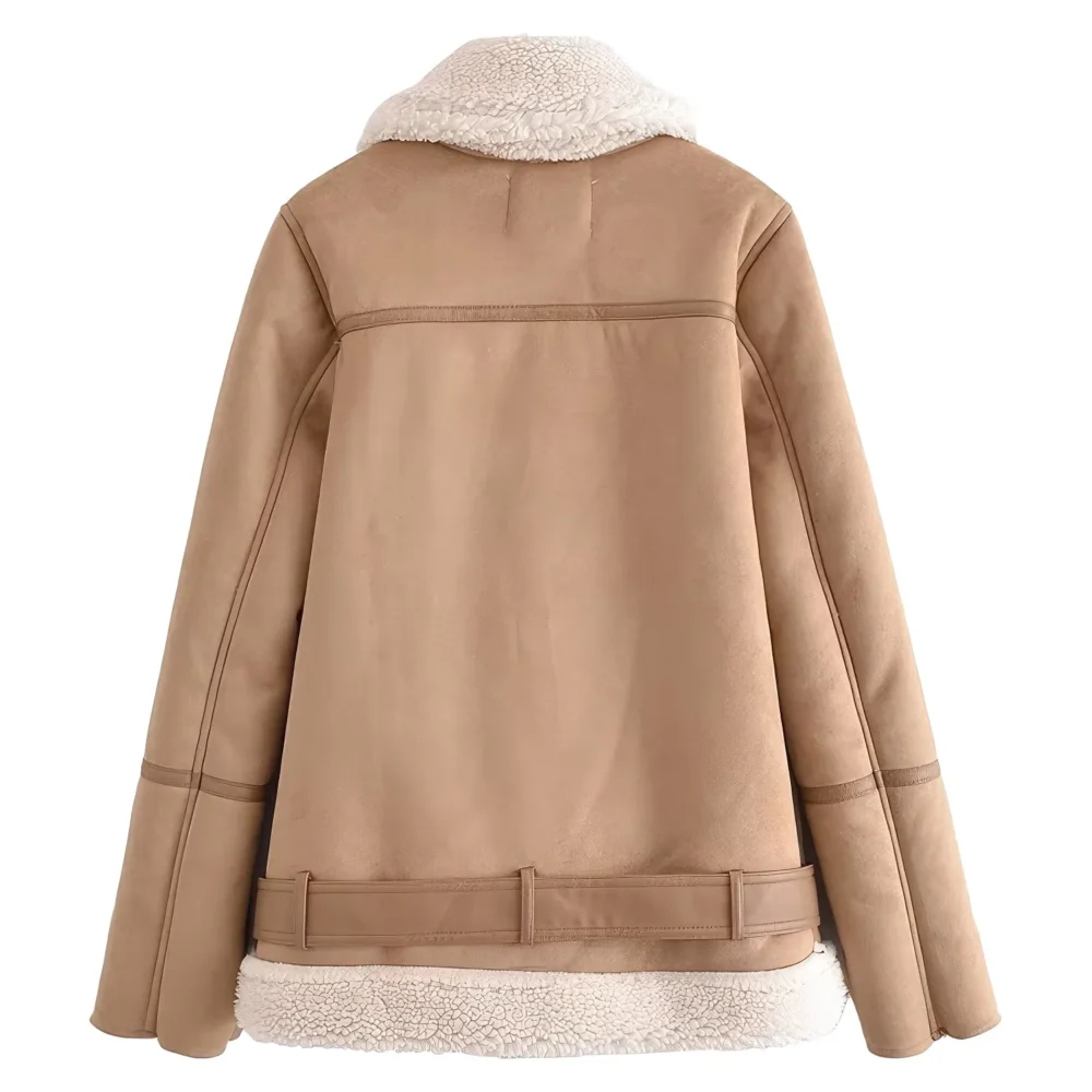 Womenâ€™s Fawn Brown Genuine Suede Sherpa Shearling Faux Fur Lined Winter Warm Thick Outfit Streetwear Loose Leather Jacket - Image 2