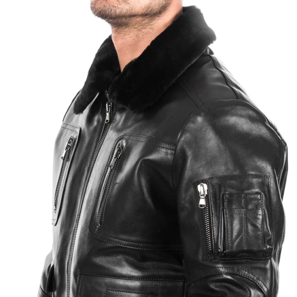 Handmade Men's Genuine Lambskin Leather Bomber Jacket with Removable Fur Collar - Image 5