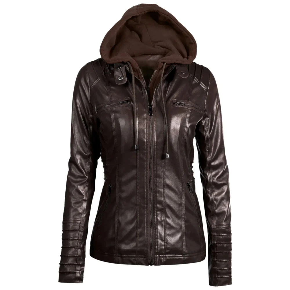Womenâ€™s Racer Brown Genuine Sheepskin Detachable Hooded Sporty Moto Scooter Racer Slim Fit Casual Classic Leather Jacket - Image 3