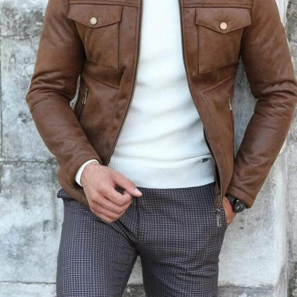 Men's Slim Fit Brown Leather Trucker Jacket with Fur Collar - Image 2