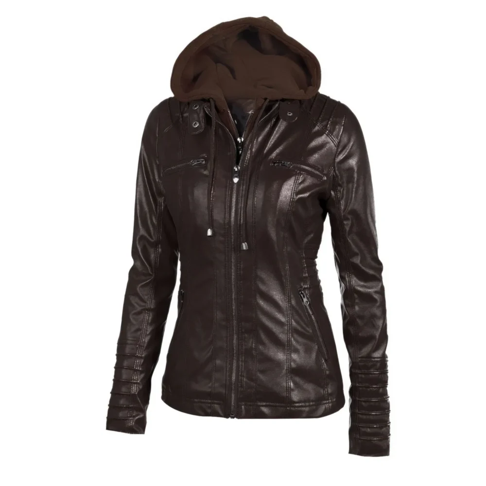 Womenâ€™s Racer Brown Genuine Sheepskin Detachable Hooded Sporty Moto Scooter Racer Slim Fit Casual Classic Leather Jacket - Image 4