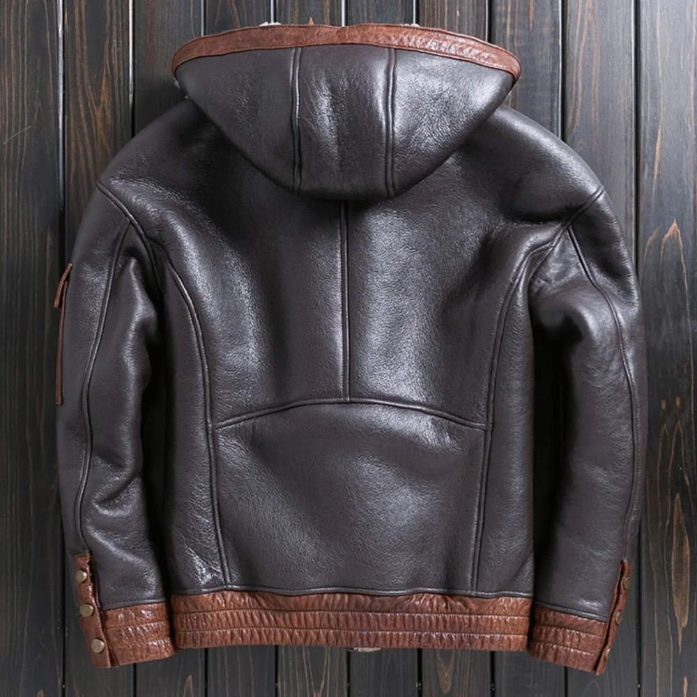 Menâ€™s Brown Bomber Winter Warm Genuine Sheepskin Faux Fur Lined Drawstring Hooded Smooth Streetwear Leather Jacket Coat - Image 2