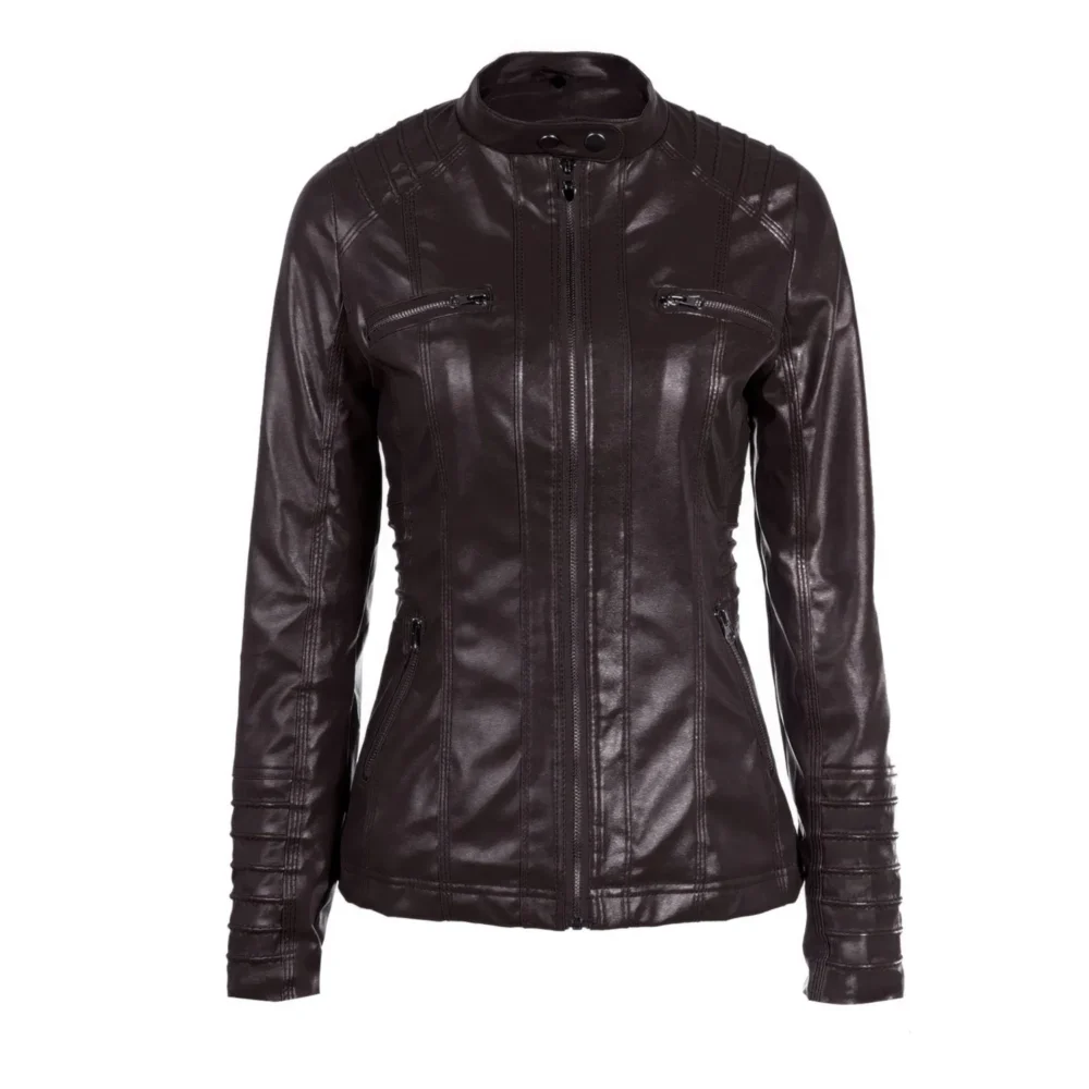 Womenâ€™s Racer Brown Genuine Sheepskin Detachable Hooded Sporty Moto Scooter Racer Slim Fit Casual Classic Leather Jacket
