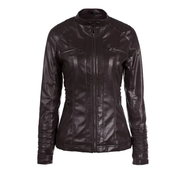 Womenâ€™s Racer Brown Genuine Sheepskin Detachable Hooded Sporty Moto Scooter Racer Slim Fit Casual Classic Leather Jacket