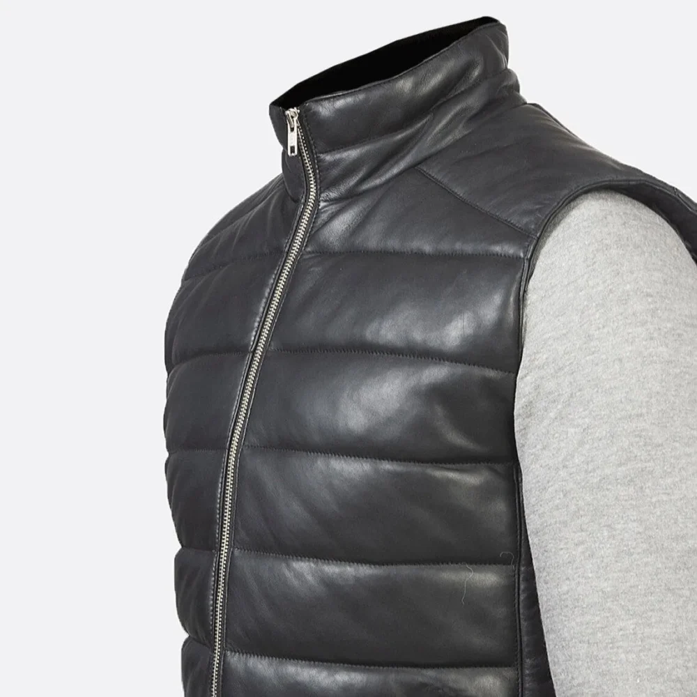 Men's Black Leather Puffer Vest with Zipper Closure and Side Pockets - Image 5