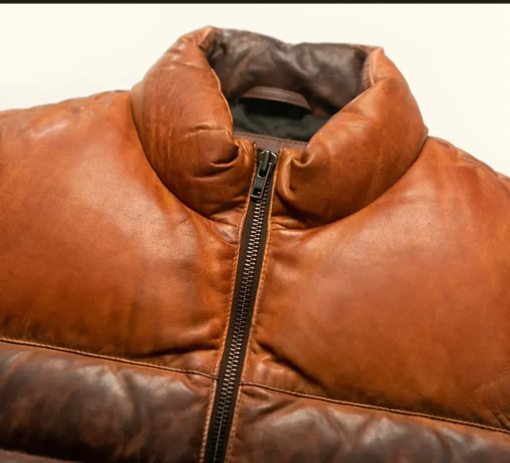 Brown Sheepskin Men's Puffer Leather Jacket - Stylish and Warm Outerwear - Image 3