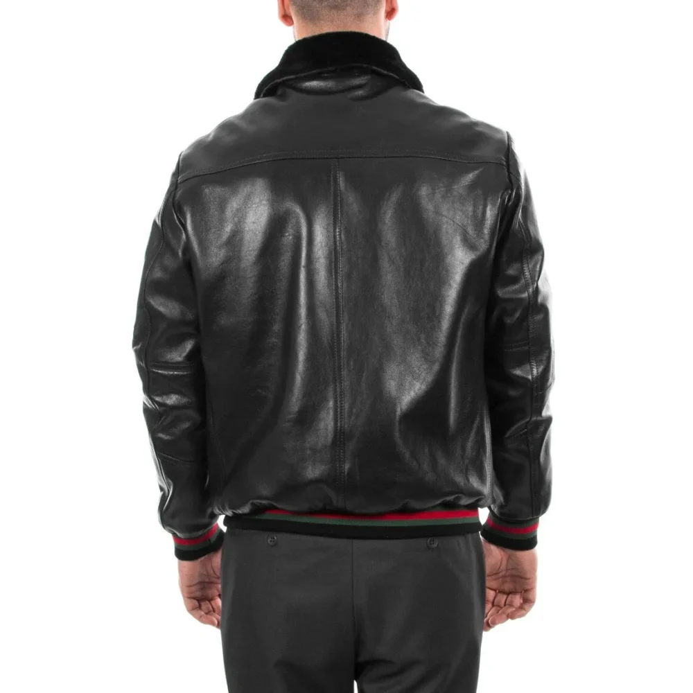 Handmade Men's Genuine Lambskin Leather Bomber Jacket with Removable Fur Collar - Image 2