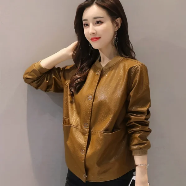 Womenâ€™s Biker Mustard Distressed Genuine Sheepskin Rib Knit Collar Retro Motorcycle Rider Leather Jacket