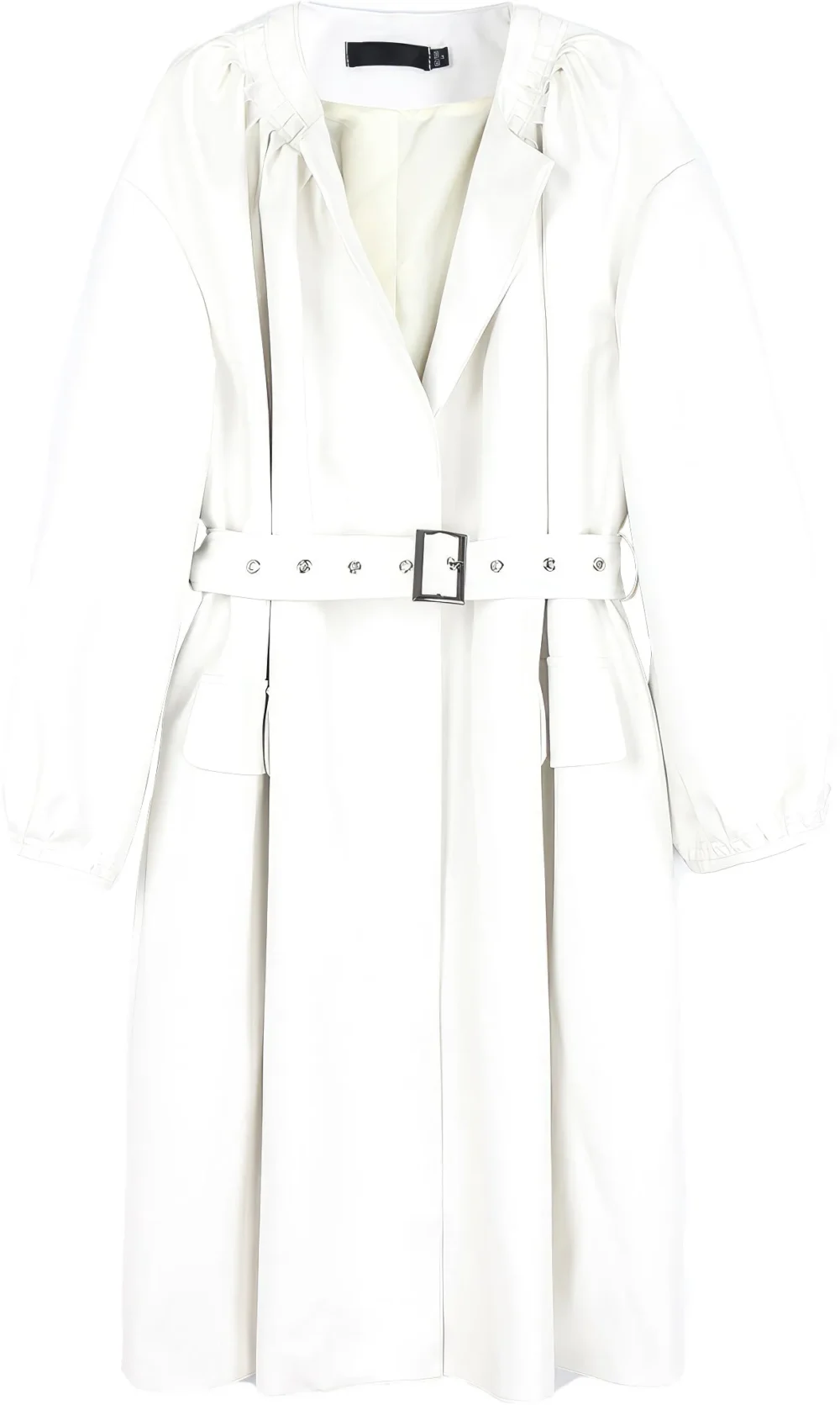 Womenâ€™s White Genuine Sheepskin Pleated Neckline Loose Luxury Casual Korean Fashion Stylish Belted Leather Coat