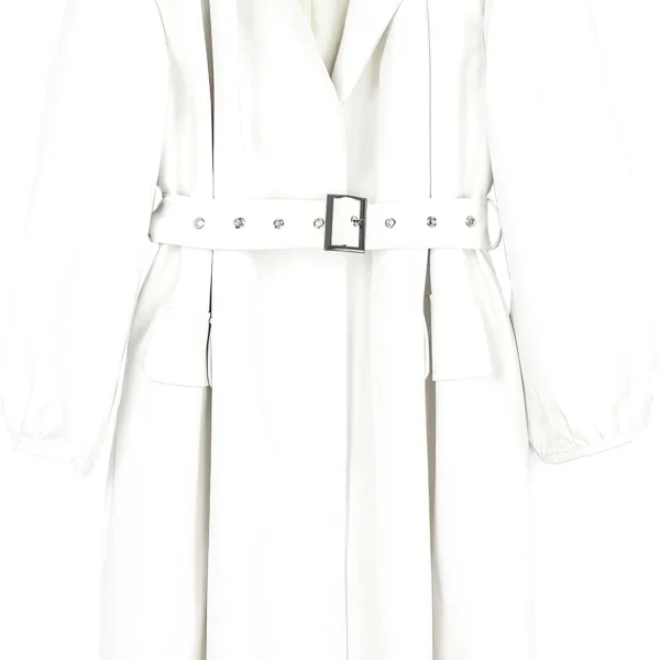 Womenâ€™s White Genuine Sheepskin Pleated Neckline Loose Luxury Casual Korean Fashion Stylish Belted Leather Coat