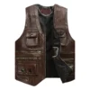 Menâ€™s Brown Biker Genuine Cowhide V-Neck Cafe Racer Vest Multi Pockets Motorcycle Sporty Racer Leather Waistcoat