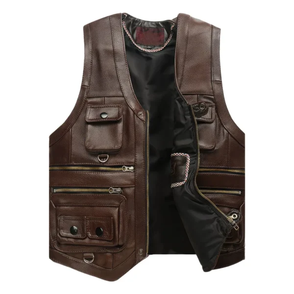 Menâ€™s Brown Biker Genuine Cowhide V-Neck Cafe Racer Vest Multi Pockets Motorcycle Sporty Racer Leather Waistcoat