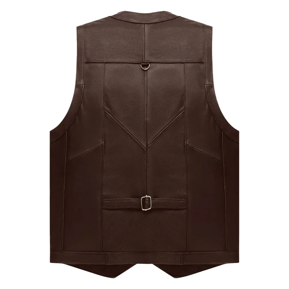 Menâ€™s Brown Biker Genuine Cowhide V-Neck Cafe Racer Vest Multi Pockets Motorcycle Sporty Racer Leather Waistcoat - Image 2