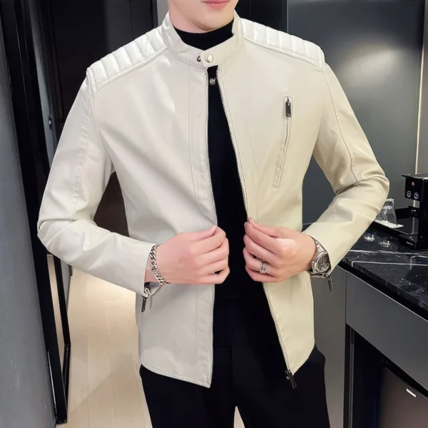Menâ€™s White Genuine Sheepskin Quilted Shoulders Gentlemen Simple Casual Classic Slim Fit Moto CafÃ© Racer Leather Jacket