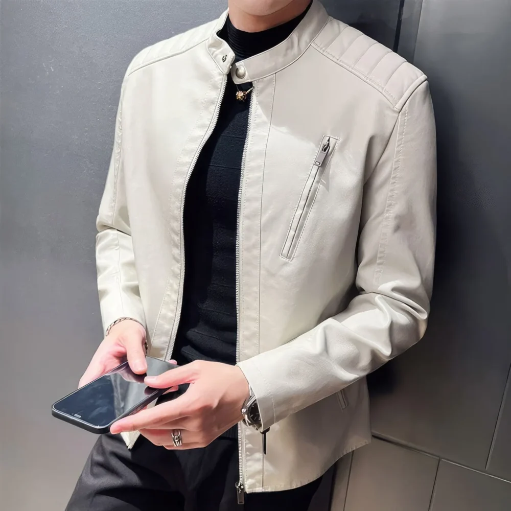 Menâ€™s White Genuine Sheepskin Quilted Shoulders Gentlemen Simple Casual Classic Slim Fit Moto CafÃ© Racer Leather Jacket - Image 3