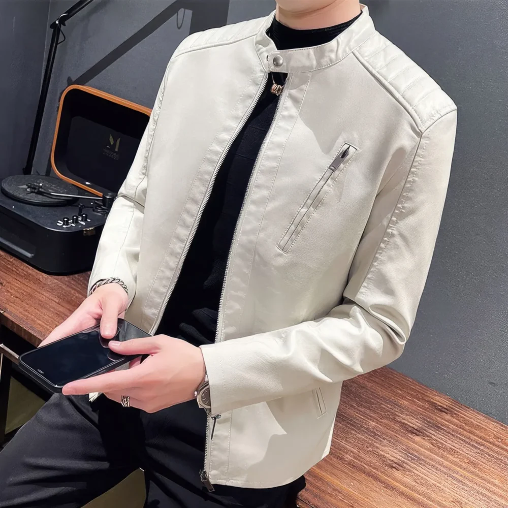 Menâ€™s White Genuine Sheepskin Quilted Shoulders Gentlemen Simple Casual Classic Slim Fit Moto CafÃ© Racer Leather Jacket - Image 4