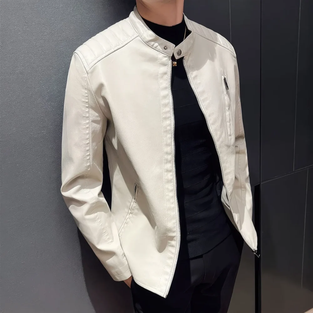 Menâ€™s White Genuine Sheepskin Quilted Shoulders Gentlemen Simple Casual Classic Slim Fit Moto CafÃ© Racer Leather Jacket - Image 5