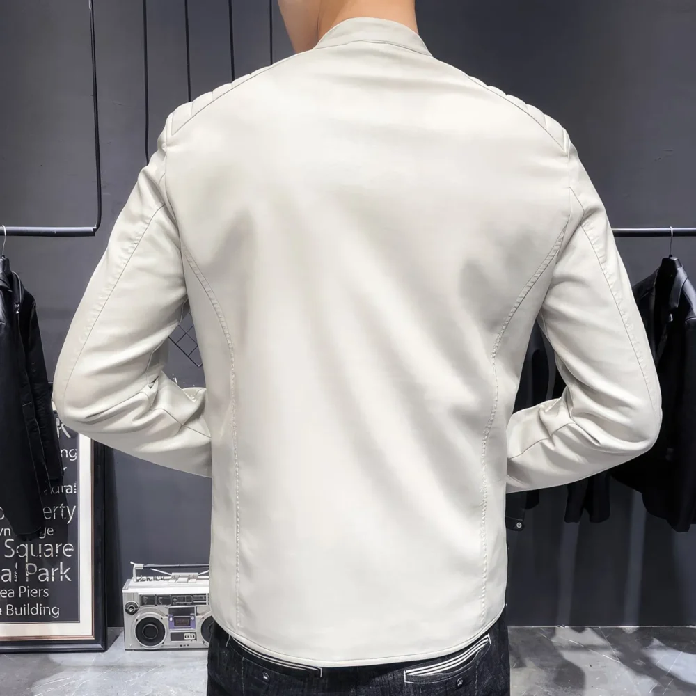 Menâ€™s White Genuine Sheepskin Quilted Shoulders Gentlemen Simple Casual Classic Slim Fit Moto CafÃ© Racer Leather Jacket - Image 2