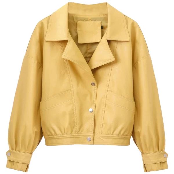 Womenâ€™s Yellow Biker Genuine Sheepskin Loose Batwing Sleeves Motorcycle Biker Punk Streetwear Classic Lightweight Leather Jacket