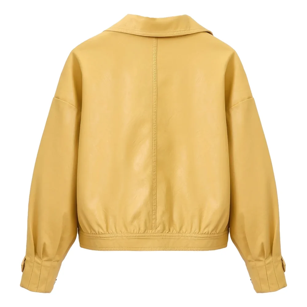 Womenâ€™s Yellow Biker Genuine Sheepskin Loose Batwing Sleeves Motorcycle Biker Punk Streetwear Classic Lightweight Leather Jacket - Image 2