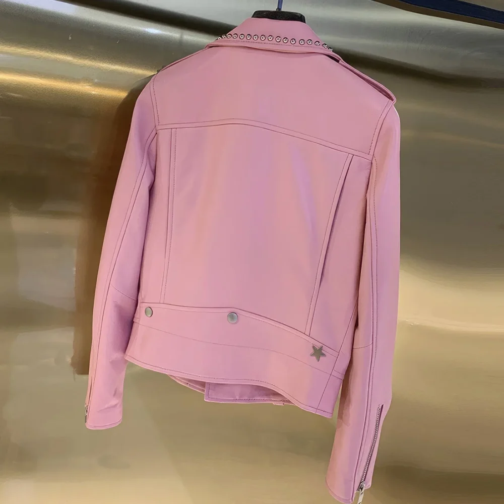 Womenâ€™s Pink Biker Genuine Sheepskin Lapel Studded Collar Celebrity Style Sporty CafÃ© Racer Slim Fit Leather Jacket - Image 2