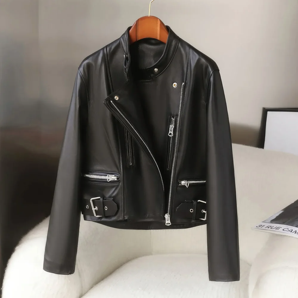 Womenâ€™s Black Biker Genuine Sheepskin Stand Collar Crossover CafÃ© Racer Classic Motorcycle Rider Slim Fit Leather Jacket - Image 3