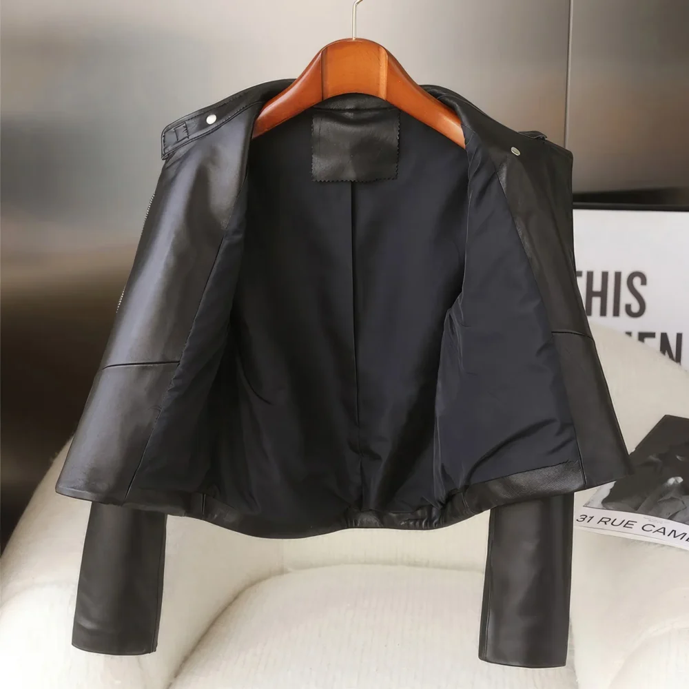 Womenâ€™s Black Biker Genuine Sheepskin Stand Collar Crossover CafÃ© Racer Classic Motorcycle Rider Slim Fit Leather Jacket - Image 4