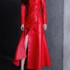 Womens Red Genuine Sheepskin V Neck Smooth Casual Classic Fashionable Designer Chinese Knits Elegant Leather Long Coat