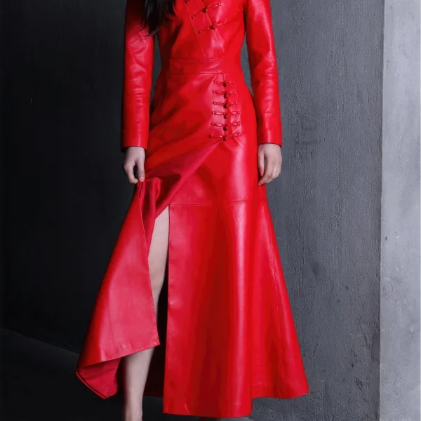 Womenâ€™s Red Genuine Sheepskin V Neck Smooth Casual Classic Fashionable Designer Chinese Knits Elegant Leather Long Coat
