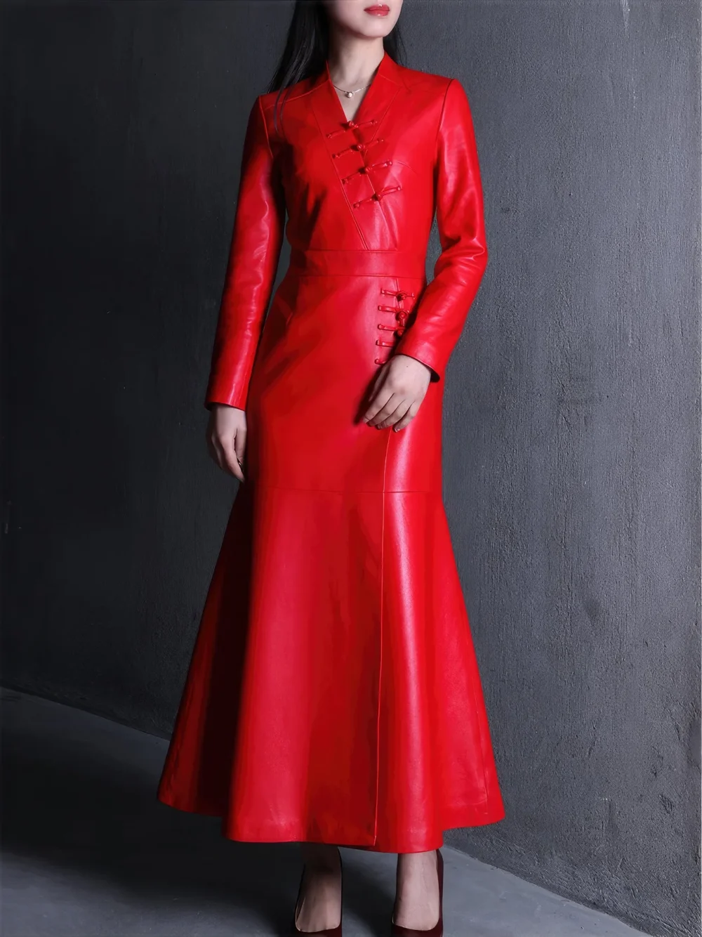 Womenâ€™s Red Genuine Sheepskin V Neck Smooth Casual Classic Fashionable Designer Chinese Knits Elegant Leather Long Coat - Image 3