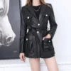 Womenâ€™s Black Genuine Sheepskin Single Breasted Casual Multi-Pockets Fashion Motorcycle Belted Leather Jacket