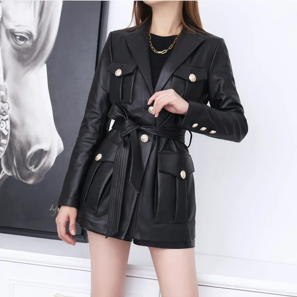 Womenâ€™s Black Genuine Sheepskin Single Breasted Casual Multi-Pockets Fashion Motorcycle Belted Leather Jacket - Image 3