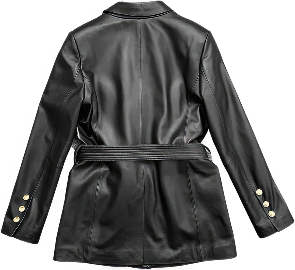 Womenâ€™s Black Genuine Sheepskin Single Breasted Casual Multi-Pockets Fashion Motorcycle Belted Leather Jacket - Image 5