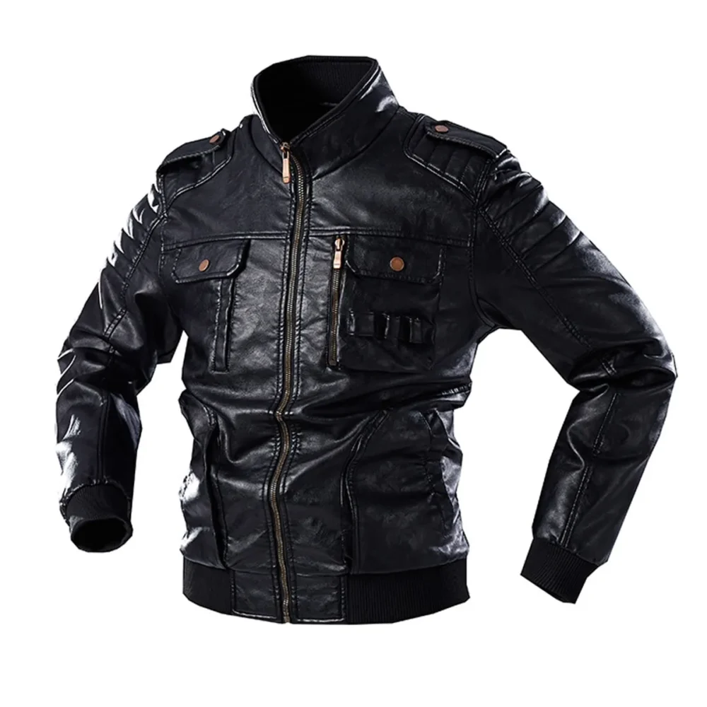 Menâ€™s Black Bomber Biker Genuine Sheepskin Stand Collar Classic Fashionable Outfit Moto Leather Jacket