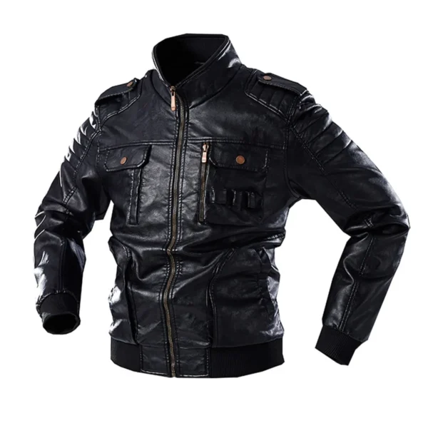 Menâ€™s Black Bomber Biker Genuine Sheepskin Stand Collar Classic Fashionable Outfit Moto Leather Jacket