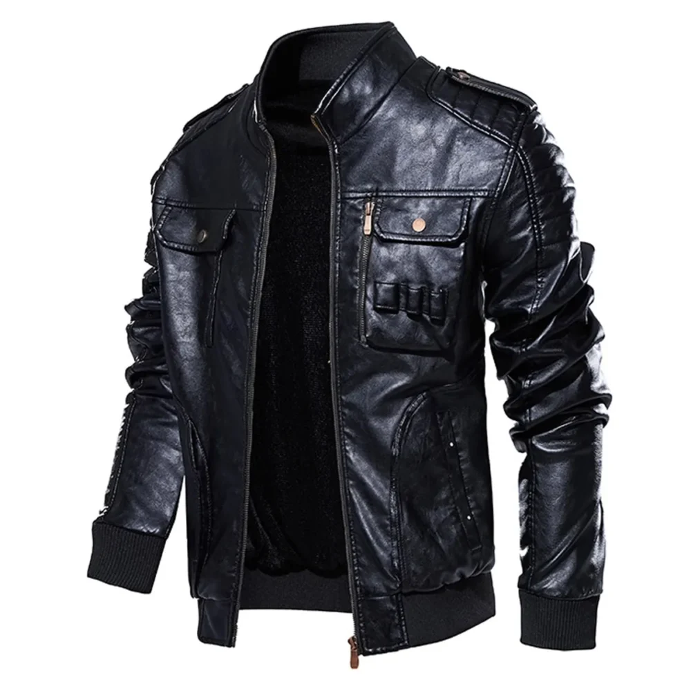Menâ€™s Black Bomber Biker Genuine Sheepskin Stand Collar Classic Fashionable Outfit Moto Leather Jacket - Image 2