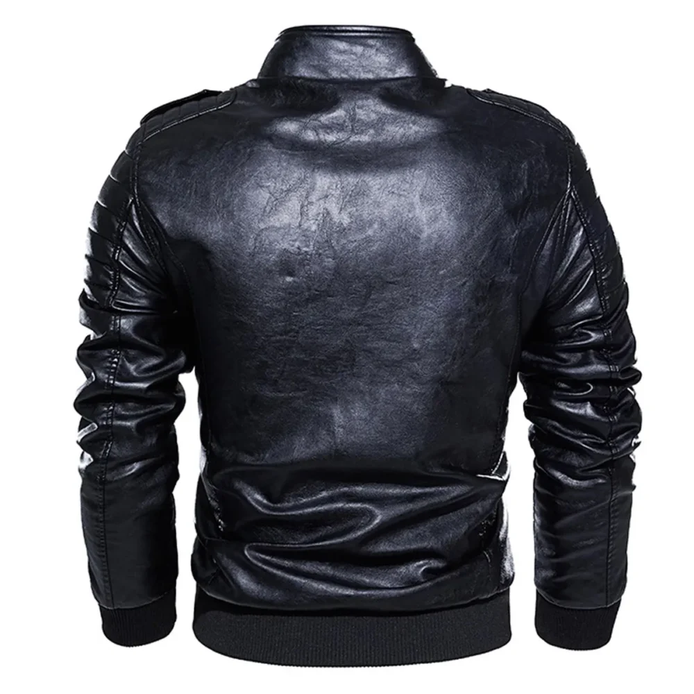 Menâ€™s Black Bomber Biker Genuine Sheepskin Stand Collar Classic Fashionable Outfit Moto Leather Jacket - Image 3