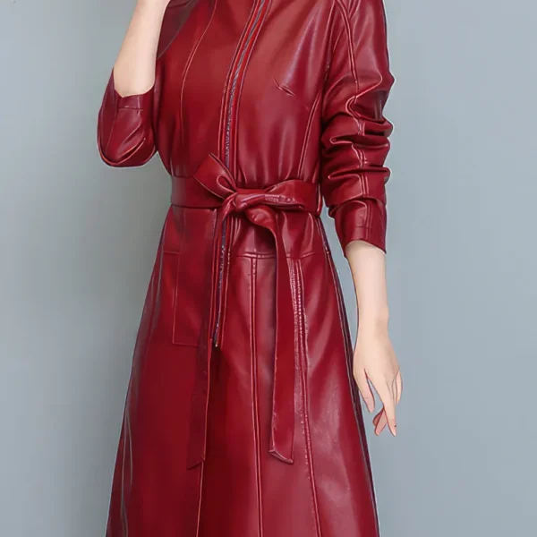 Womenâ€™s Red Genuine Sheepskin Stand Collar Slim Fit Belted High Street Smooth Lightweight Elegant Fashion Leather Coat