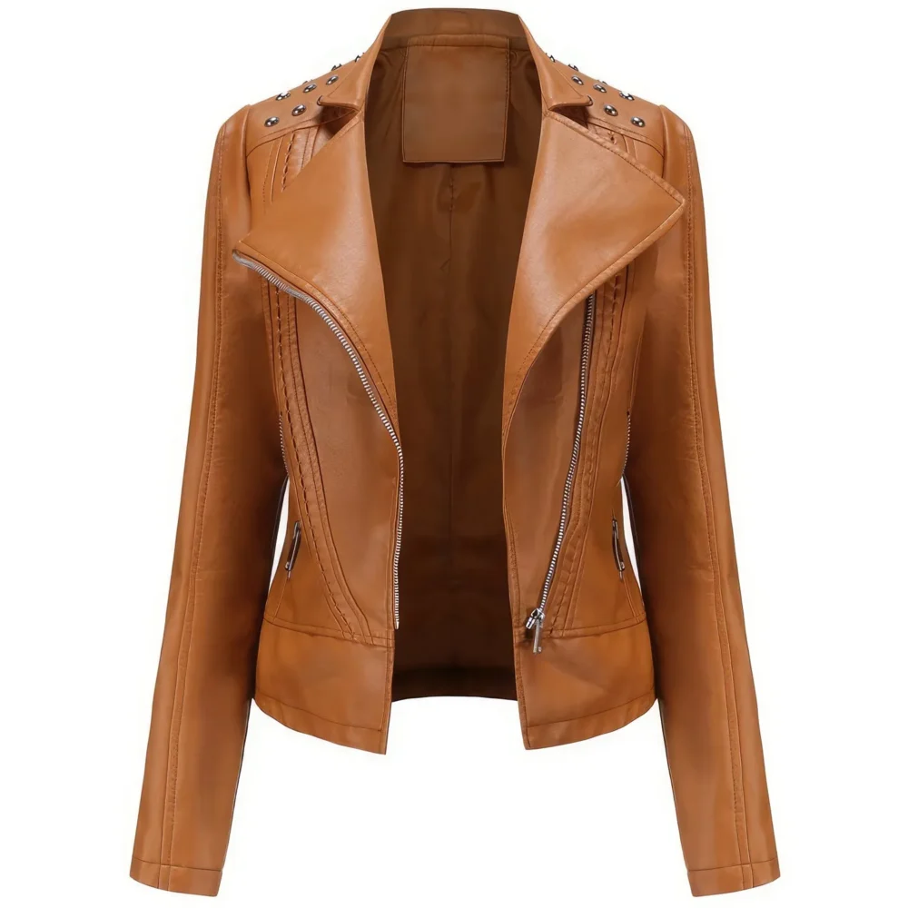 Womenâ€™s Camel Brown Biker Genuine Sheepskin Studded Shoulders Fashionable Motorcycle Rivet Crossover Asymmetric Slim Fit Leather Jacket