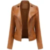Womenâ€™s Camel Brown Biker Genuine Sheepskin Studded Shoulders Fashionable Motorcycle Rivet Crossover Asymmetric Slim Fit Leather Jacket