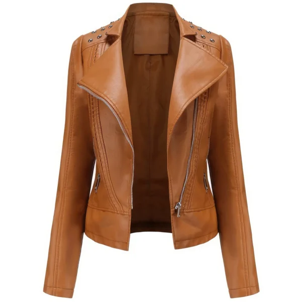 Womenâ€™s Camel Brown Biker Genuine Sheepskin Studded Shoulders Fashionable Motorcycle Rivet Crossover Asymmetric Slim Fit Leather Jacket