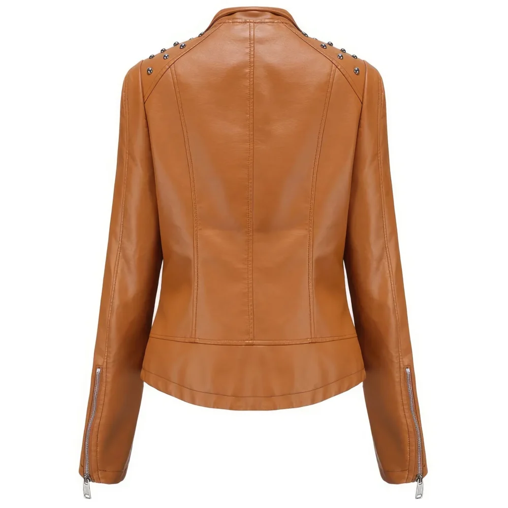 Womenâ€™s Camel Brown Biker Genuine Sheepskin Studded Shoulders Fashionable Motorcycle Rivet Crossover Asymmetric Slim Fit Leather Jacket - Image 2