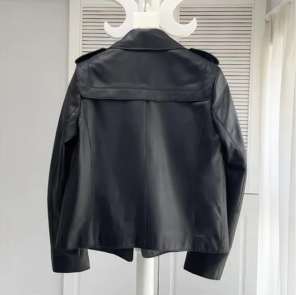 Womenâ€™s Black Genuine Sheepskin Double Breasted Winter Vintage Korean Fashion Chic Outfit Trendy Plain Leather Jacket - Image 2