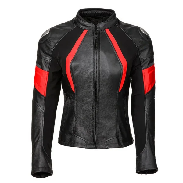 Womenâ€™s Black Biker Genuine Cowhide Stand Collar Cycling Protective Red Stripped Slim Fit Moto Racing Four Seasons Leather Jacket