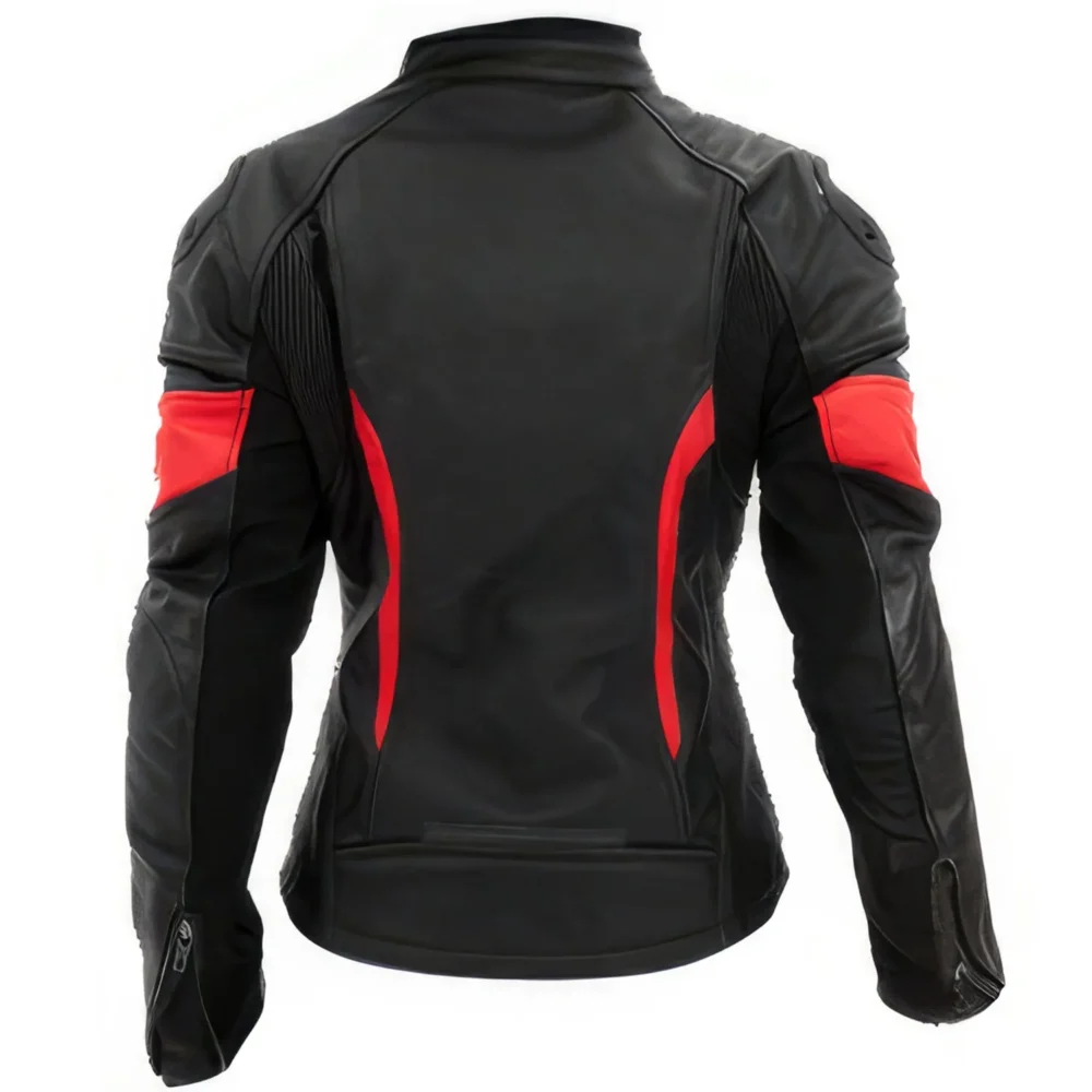 Womenâ€™s Black Biker Genuine Cowhide Stand Collar Cycling Protective Red Stripped Slim Fit Moto Racing Four Seasons Leather Jacket - Image 2