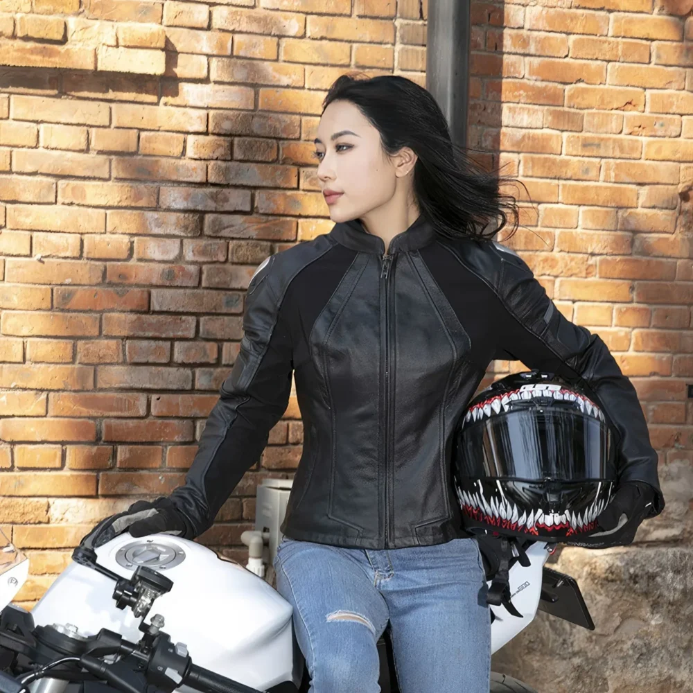 Womenâ€™s Black Biker Genuine Cowhide Stand Collar Cycling Protective Black Stripped Slim Fit Moto Racing Four Seasons Leather Jacket
